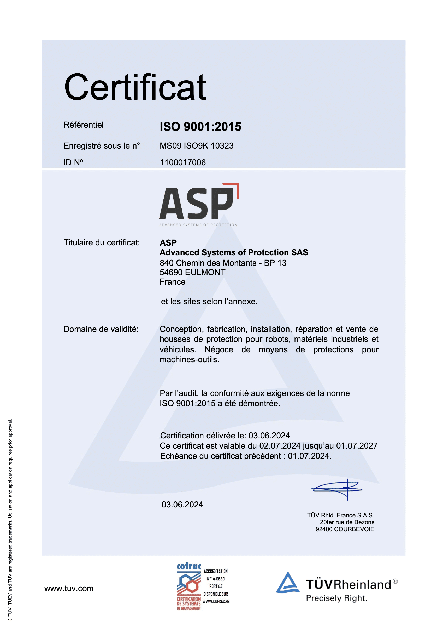 certificat en français de ISO 9001:2024 sur un fond bleu avec le logo de l'entreprise ASP